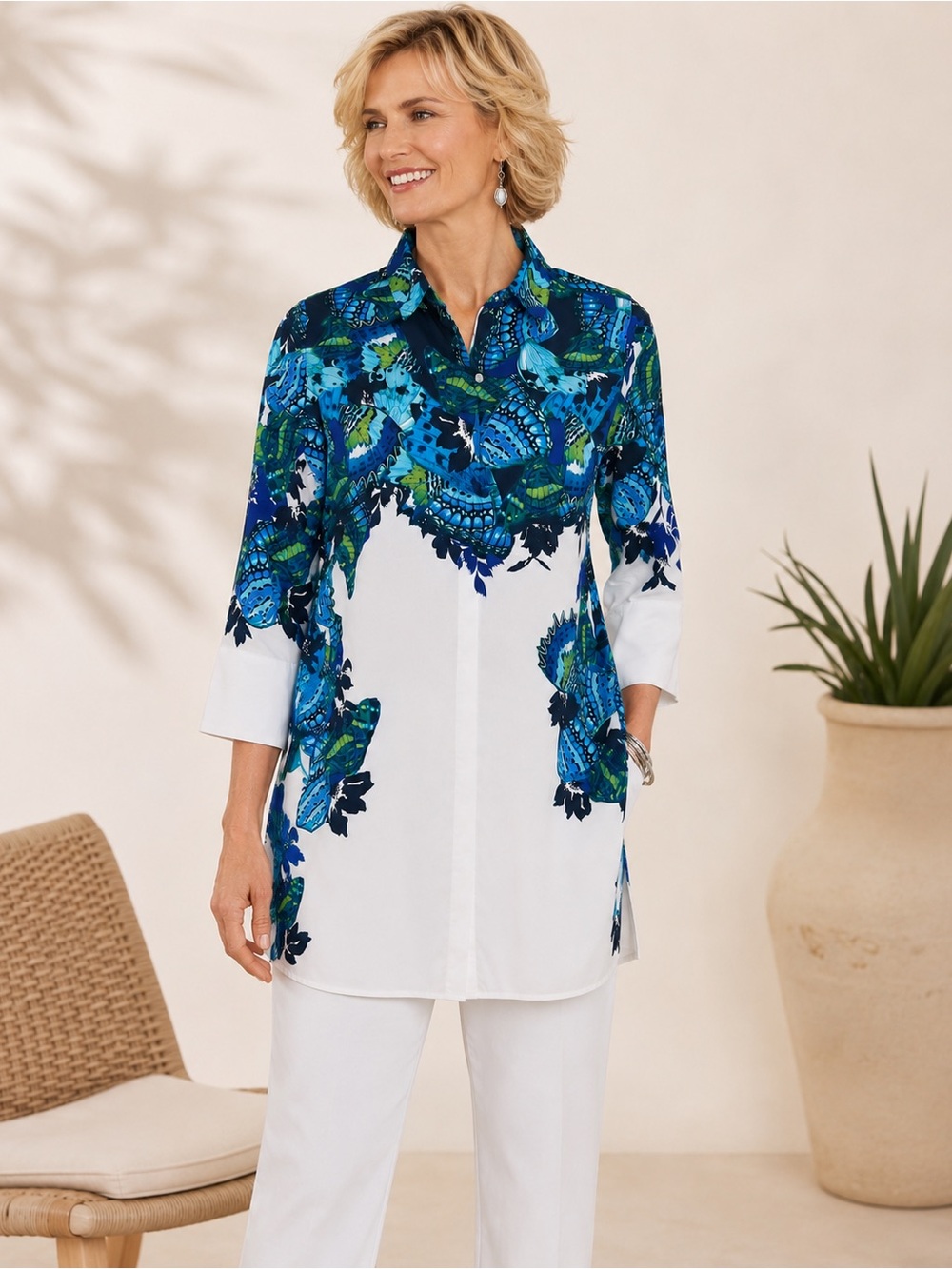 Chico’s butterfly button up long line tunic top size 1 8/10 artsy unique nature